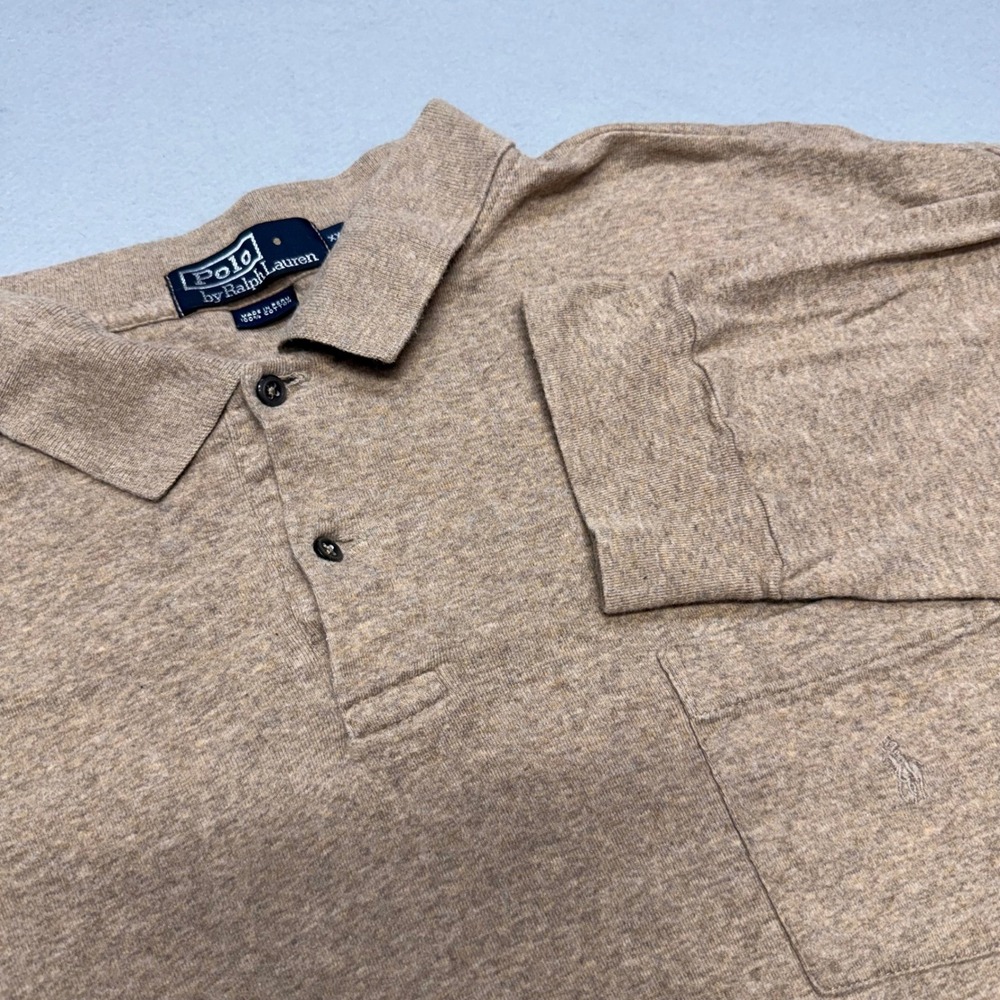 Polo Ralph Lauren XXL Tan Brown Heathered Long Sleeve Pocket Polo Shirt Cotton